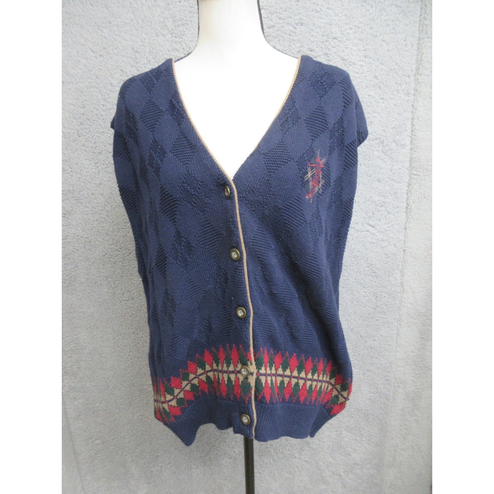 Vtg Empowered Cardigan Vest Women XL Navy Argyle Golfcore Preppy Country Club